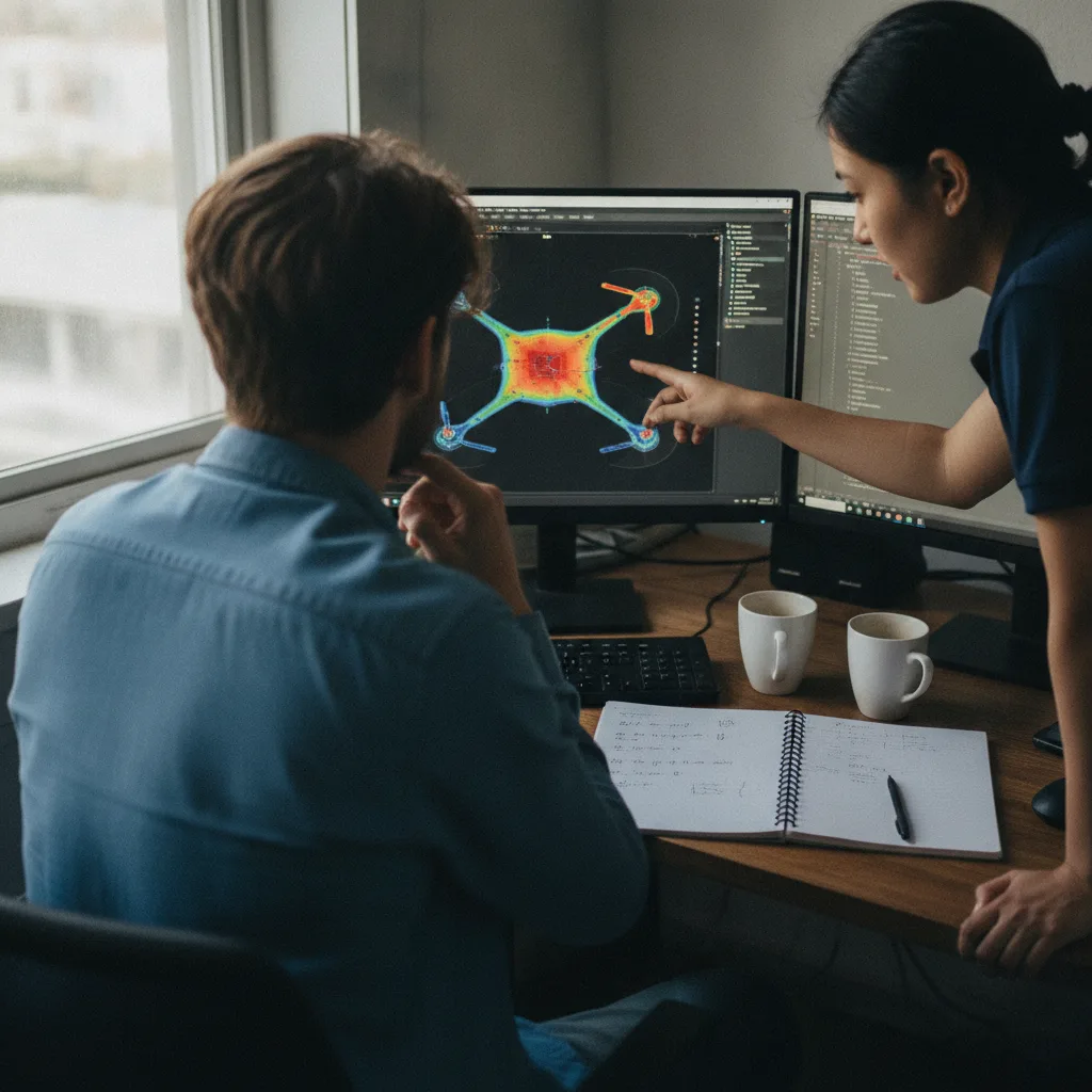 An application engineer pointing at a thermal finite-element simulation of a drone frame on a founder's monitor during an Ansys evaluation
