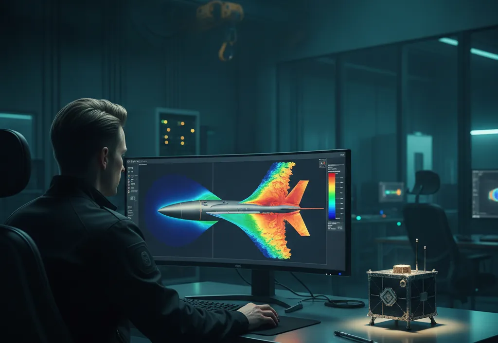 Startup engineer running a CFD airflow simulation on a missile body in Ansys, with a small satellite prototype on the bench