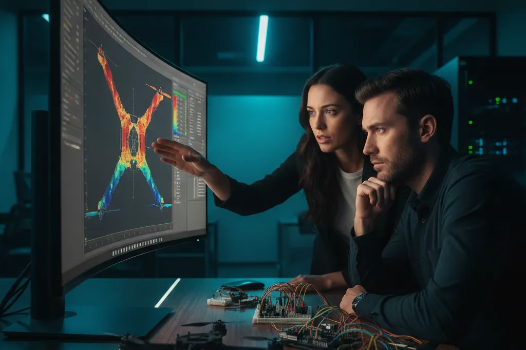 Two startup engineers reviewing a structural stress (FEA) simulation on screen with a prototype drone and electronics on the bench