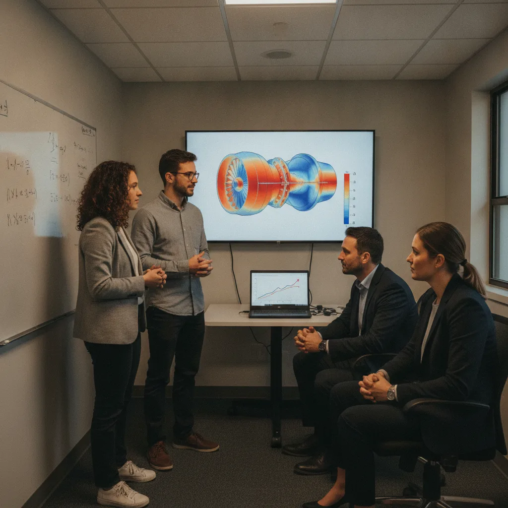 Startup founders pitching investors with a thermal CFD simulation of a turbine engine displayed on the conference room screen